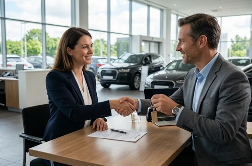 DriveWise lending specialist reviewing a car loan application with a client in a bright modern office
